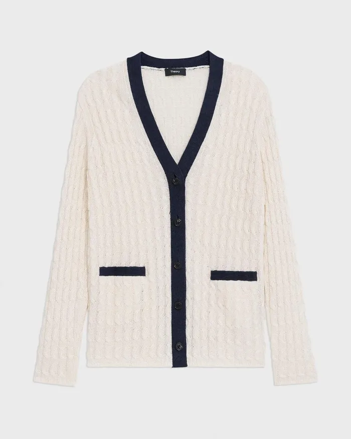 Women Theory Sweaters Cardigans VNeck Cardigan In Cable Knit Linen Bonenocturne Navy