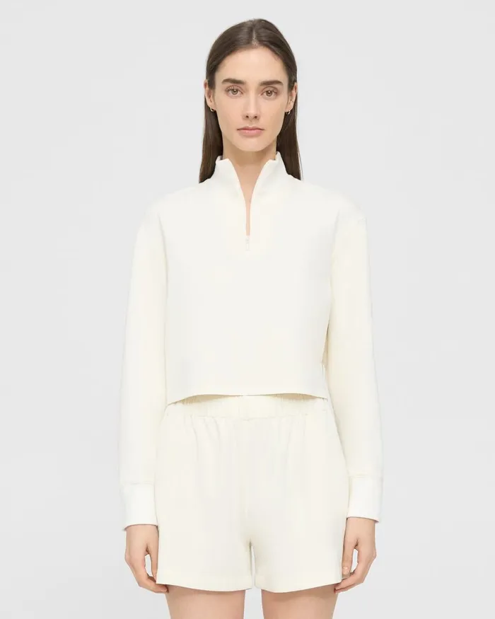 Women Theory TShirts Tank Tops Cropped HalfZip Sweatshirt In DoubleKnit Jersey Ivory