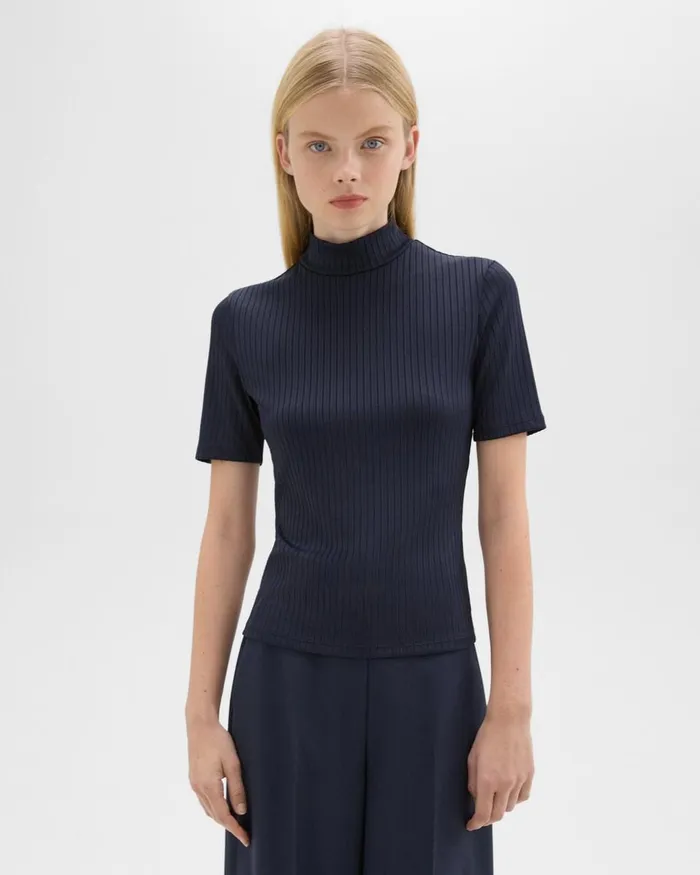 Women Theory TShirts Tank Tops Mock Neck ShortSleeve Top In Rib Knit Nocturne Navy