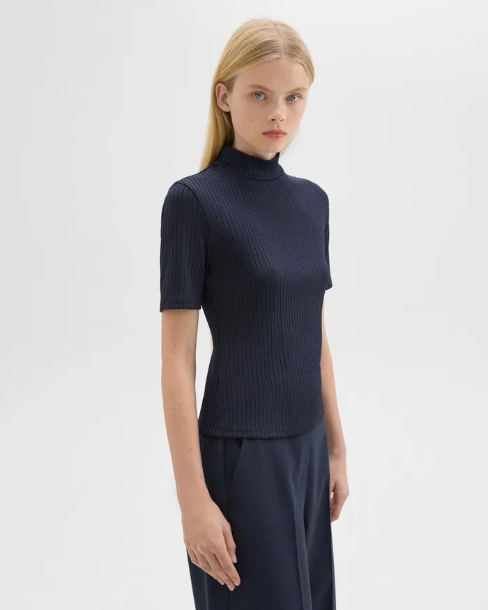 Women Theory TShirts Tank Tops Mock Neck ShortSleeve Top In Rib Knit Nocturne Navy