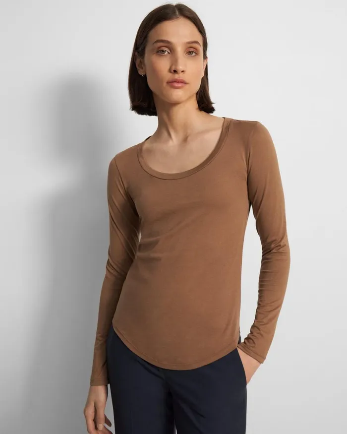 Women Theory TShirts Tank Tops Tiny LongSleeve Scoop Tee In Organic Cotton Truffle