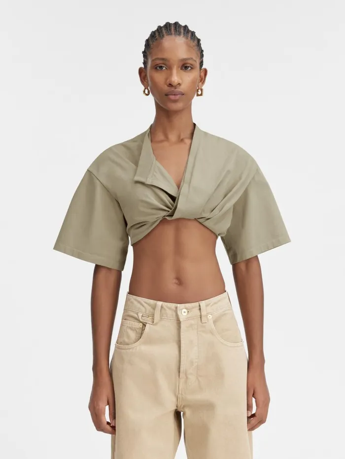 Women Tops and Shirts JACQUEMUS The Bahia Cropped Tshirt Light Khaki