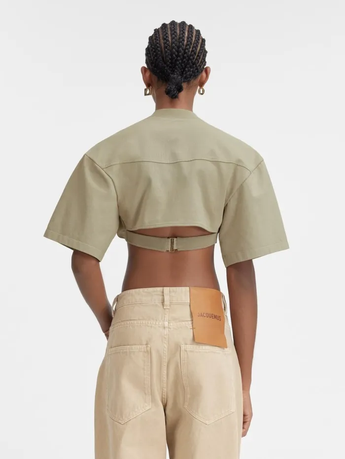 Women Tops and Shirts JACQUEMUS The Bahia Cropped Tshirt Light Khaki Women Tops and Shirts JACQUEMUS The Bahia Cropped Tshirt Light Khaki