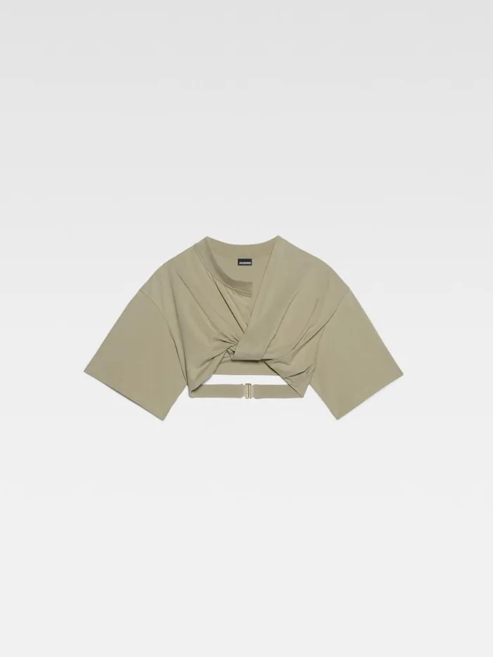 Women Tops and Shirts JACQUEMUS The Bahia Cropped Tshirt Light Khaki Women Tops and Shirts JACQUEMUS The Bahia Cropped Tshirt Light Khaki