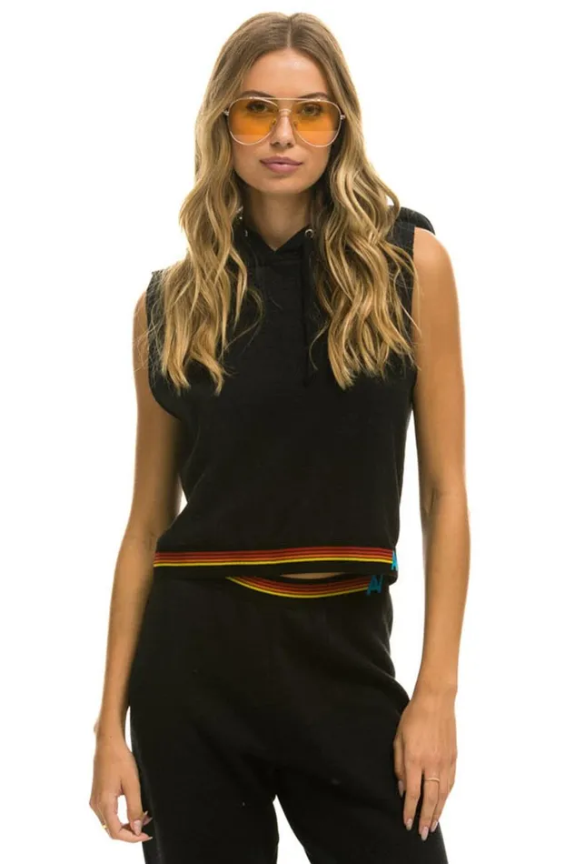 Women Tops Aviator Nation LOGO STRIPE SLEEVELESS CROP PULLOVER HOODIE 8211 BLACK