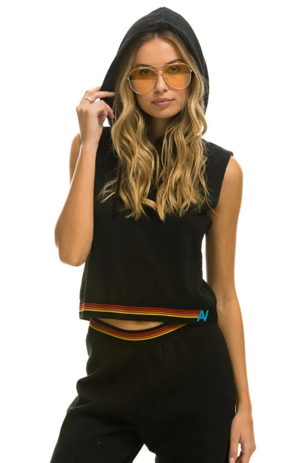 Women Tops Aviator Nation LOGO STRIPE SLEEVELESS CROP PULLOVER HOODIE 8211 BLACK