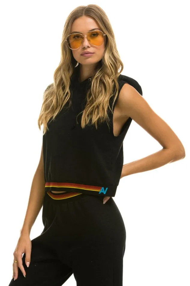 Women Tops Aviator Nation LOGO STRIPE SLEEVELESS CROP PULLOVER HOODIE 8211 BLACK