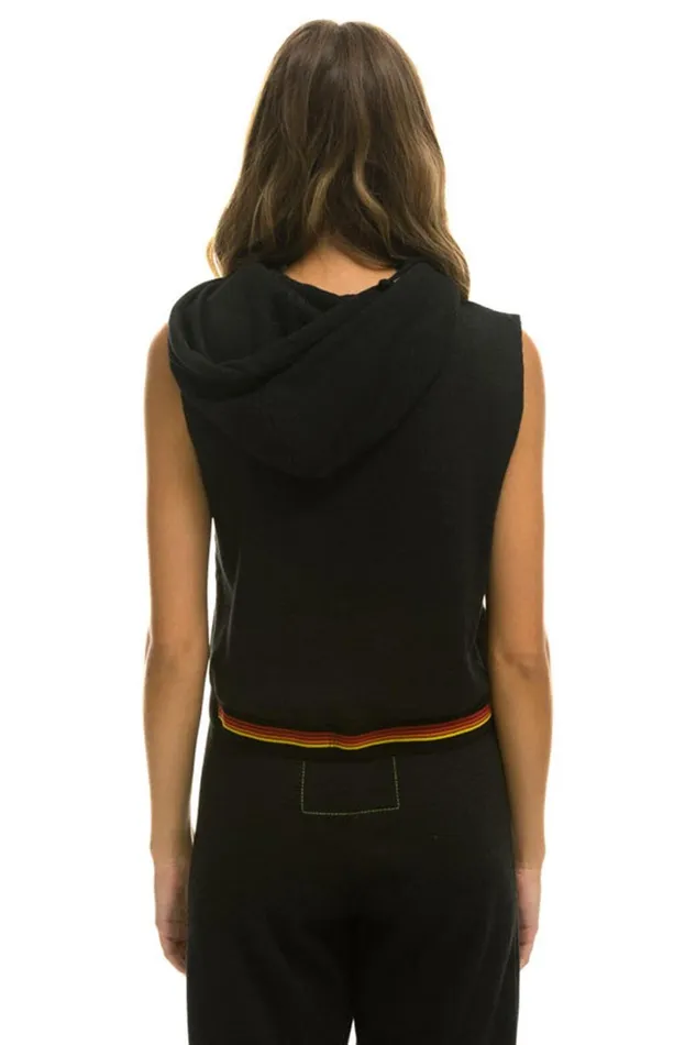 Women Tops Aviator Nation LOGO STRIPE SLEEVELESS CROP PULLOVER HOODIE 8211 BLACK