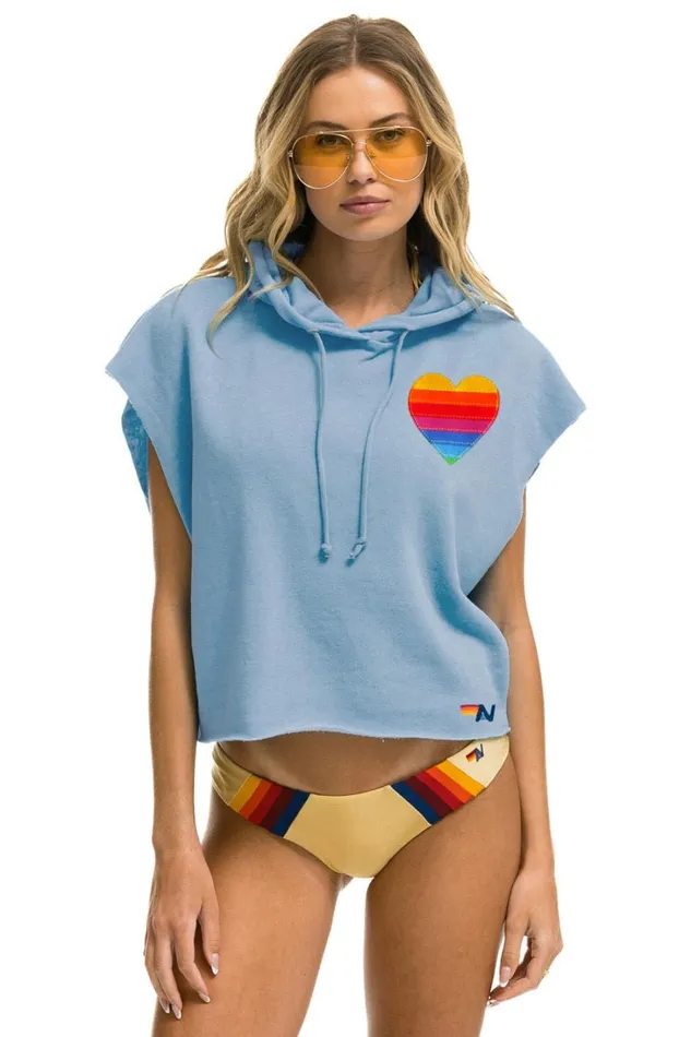 Women Tops Aviator Nation RAINBOW HEART STITCH SLEEVELESS RELAXED CROPPED PULLOVER HOODIE 8211 ICE