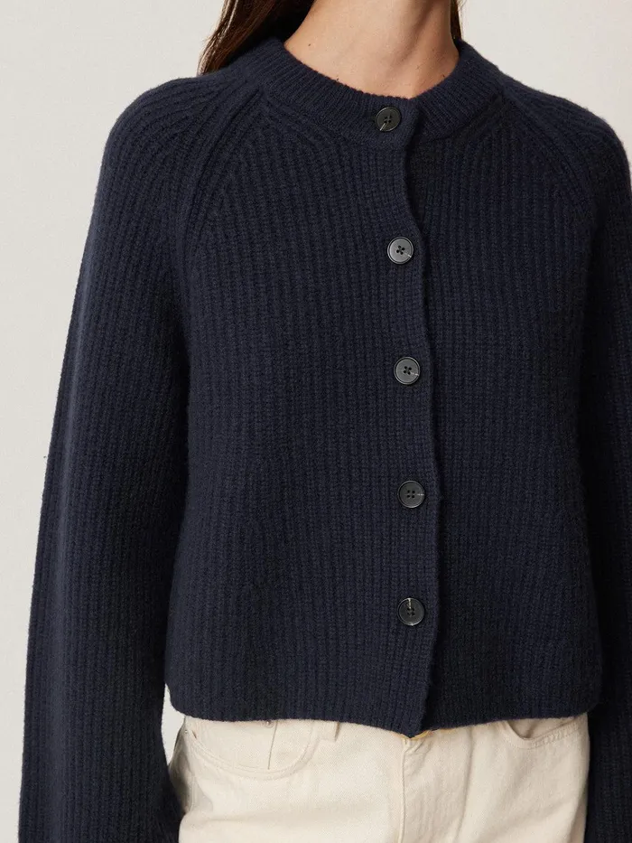 Women Wool Cashmere Blend Rib Cardigan Navy Jigsaw Knitwear and Cashmere