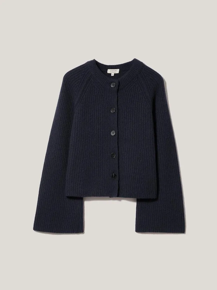 Women Wool Cashmere Blend Rib Cardigan Navy Jigsaw Knitwear and Cashmere