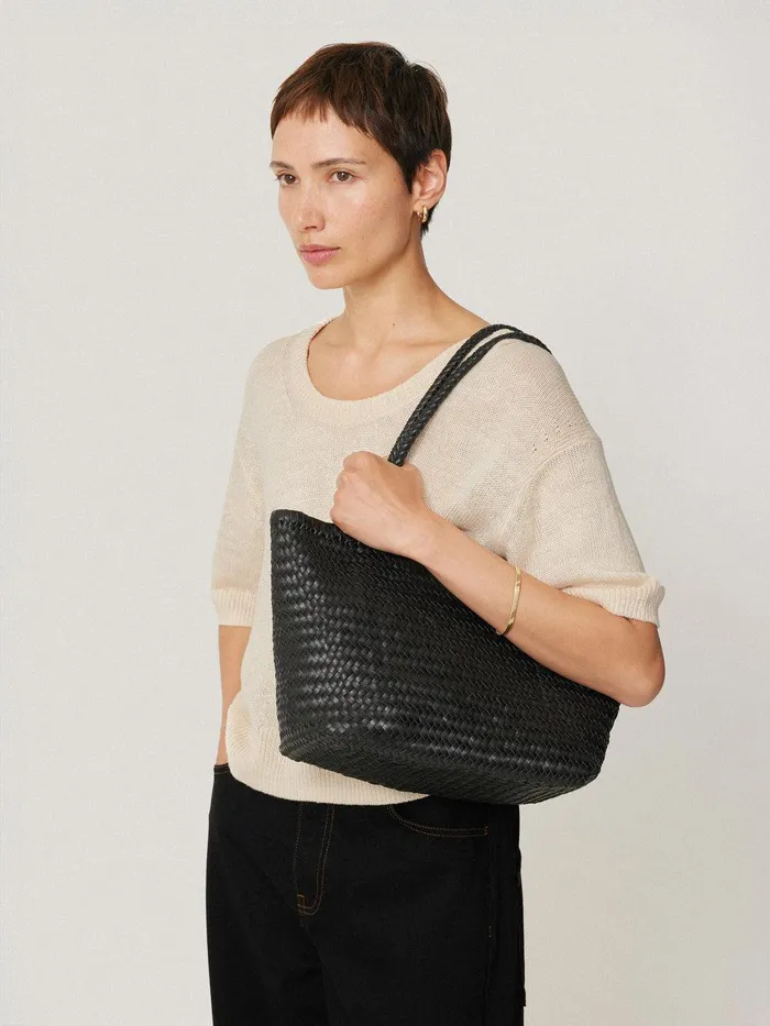Women Woven Leather Tote Bag Black Jigsaw Bags