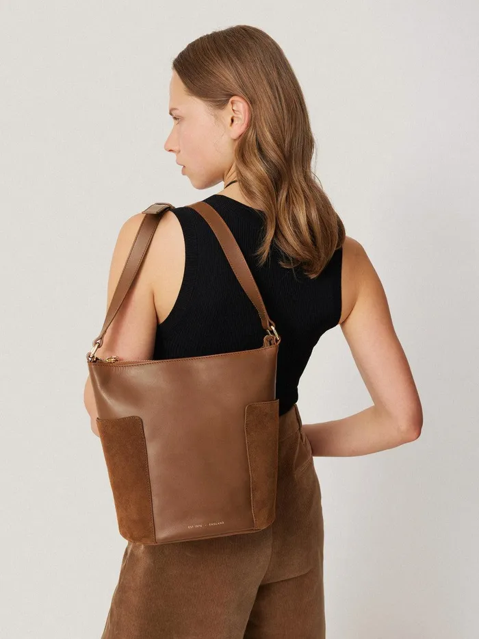 Women York Slouchy Bucket Bag Tan Jigsaw Leather